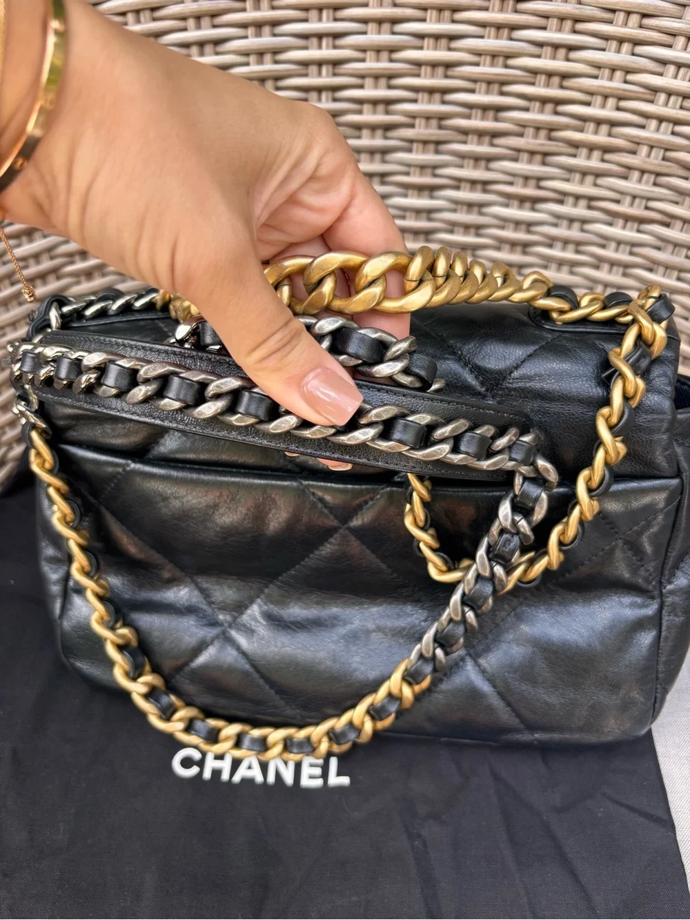Authentic CHANEL 19 quilted Shiny lambskin gold silver medium crossbody